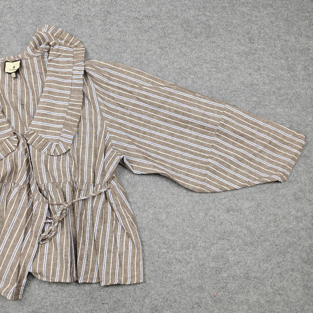 Tuckernuck Blouse Womens XL Brown Stripe Ruffle V Neck Tie Waist Peplum Top - Picture 5 of 11